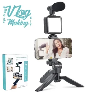 AY-49 Vlogging Kit with LED Light, Mic, Mini Tripod & Phone Holder